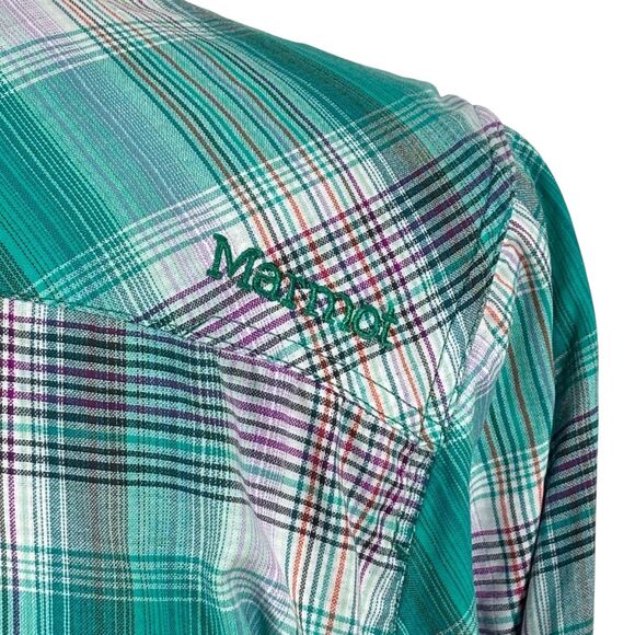 Marmot Shirt Long Sleeve Button Womens Large Green Plaid Roll Tab Gorpcore - Picture 6 of 10